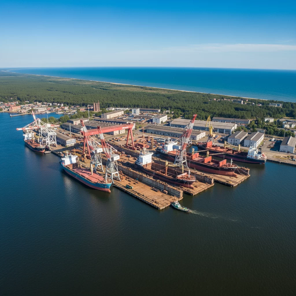 Klaipėdos laivų statykla iš viršaus: uosto panorama iš lėktuvo Klaipėdos laivų statykla iš viršaus: uosto panorama iš lėktuvo