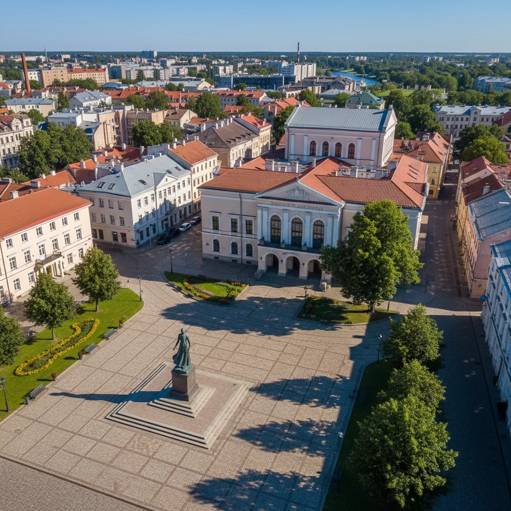Teatro aikštė Klaipėdoje ir Taravos Anikė iš paukščio skrydžio Teatro aikštė Klaipėdoje ir Taravos Anikė iš paukščio skrydžio