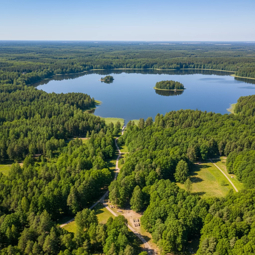 Žemaitijos nacionalinis parkas iš paukščio skrydžio: Platelių panorama Žemaitijos nacionalinis parkas iš paukščio skrydžio: Platelių panorama