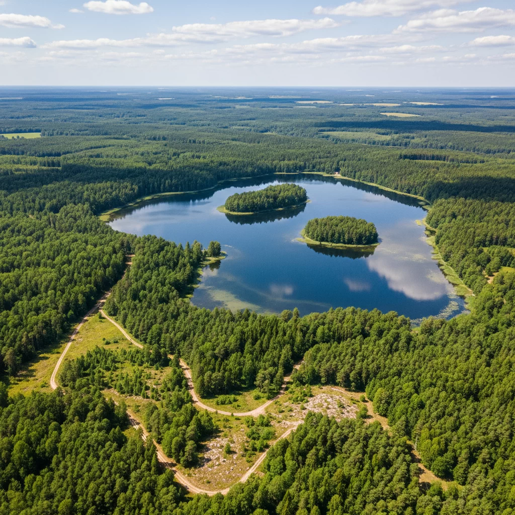 Žemaitijos nacionalinis parkas iš paukščio skrydžio: Platelių panorama Žemaitijos nacionalinis parkas iš paukščio skrydžio: Platelių panorama